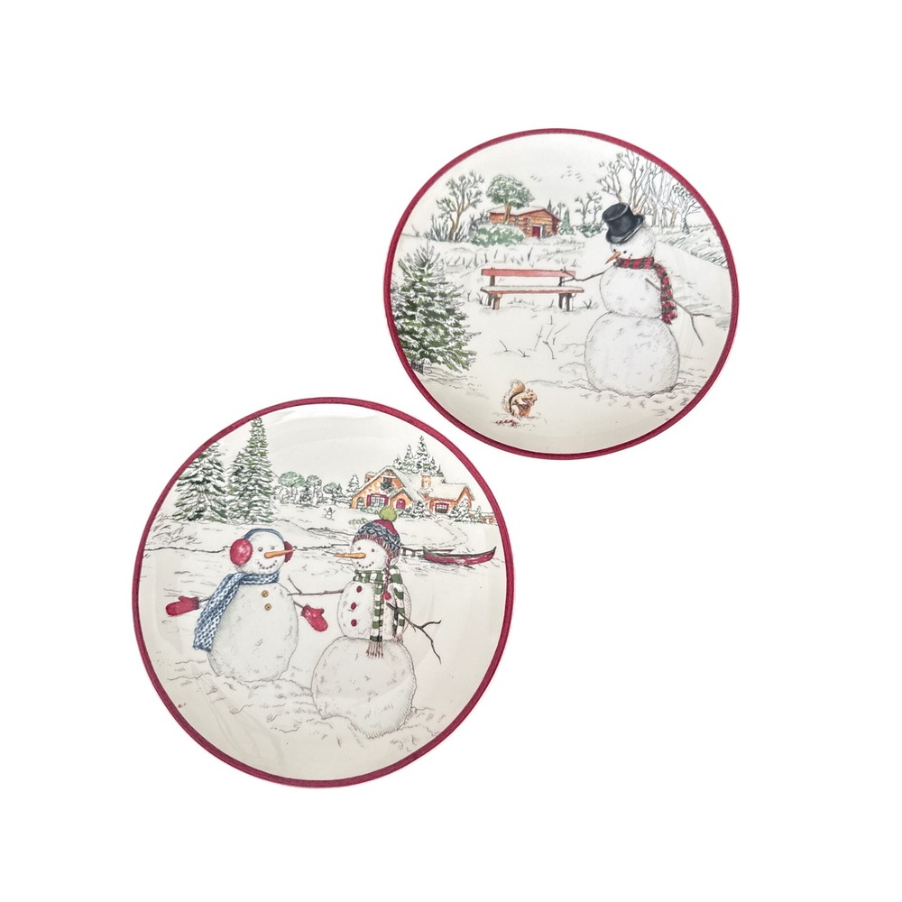 Williams Sonoma Snowman Appetizer Plates Set of 2 Red Rim 8 Inch Winter Holiday